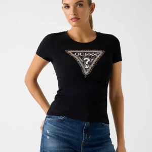 Camiseta Guess Mujer Negra – Logo Triángulo Serpiente