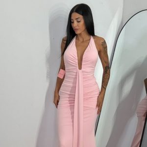 Vestido Espalda V Fruncido Rosa